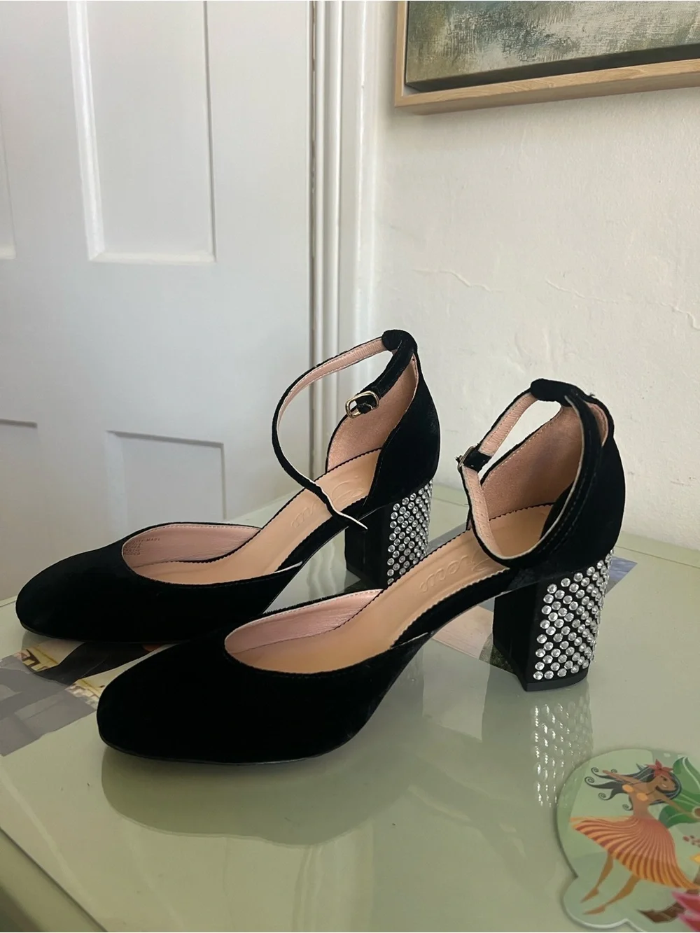 J. Crew Black Velvet Studded Block Heel Pumps with Ankle Strap